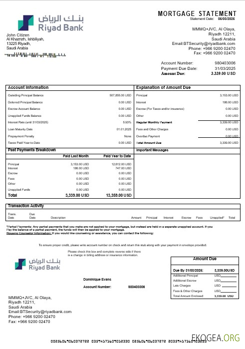 Relevé hypothécaire de la Riyad Bank en Arabie Saoudite aux formats Word et PDF